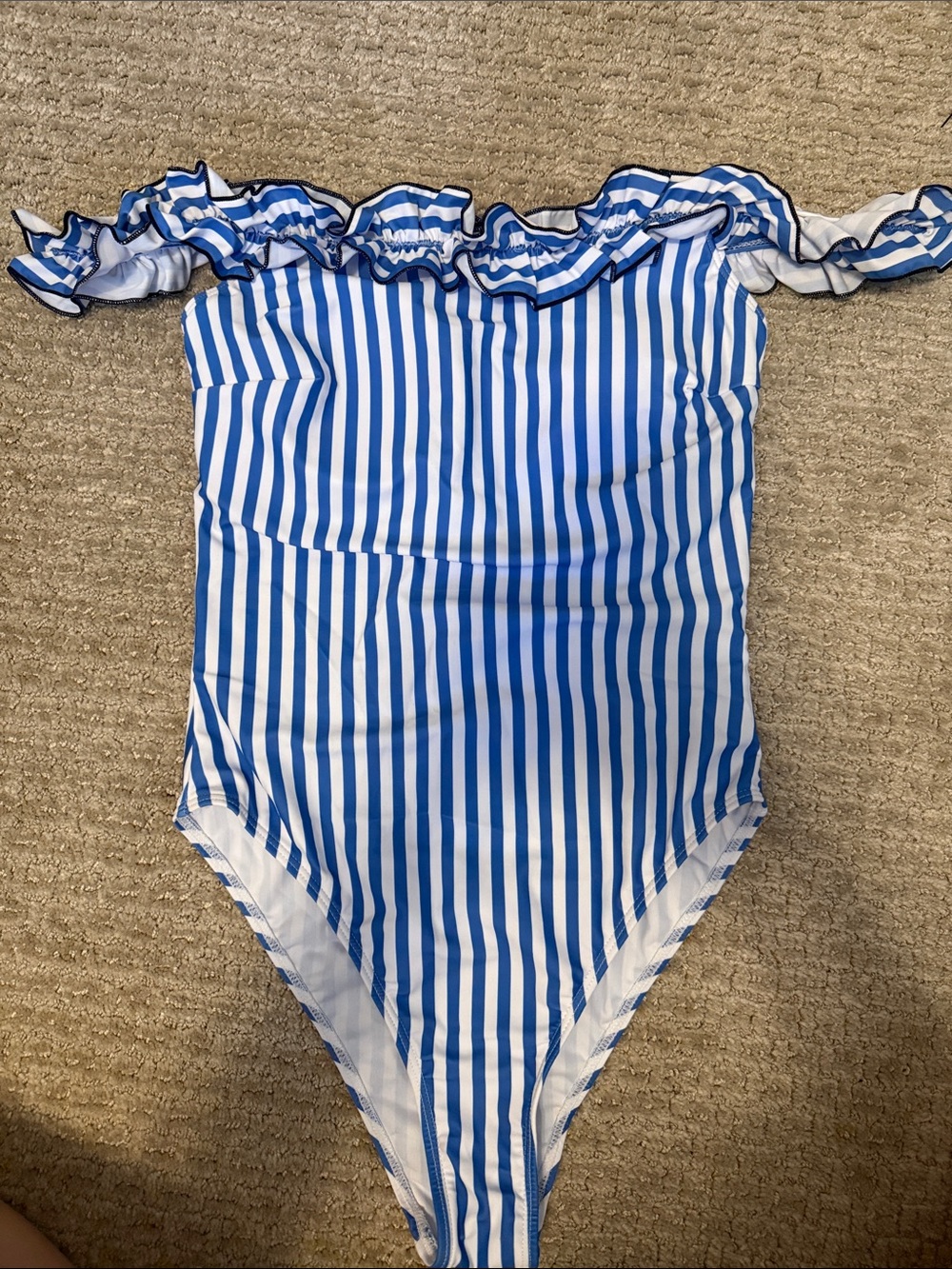 SHEIN Blue and White Striped Off-Shoulder One-Piece Swimsuit